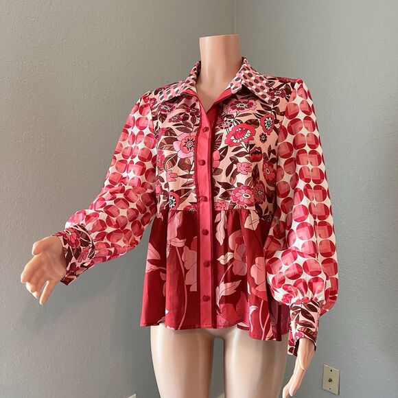 Dalia MacPhee Collared Shirt Dress Womens Red Pink Geo Floral missing Belt #148 - Picture 12 of 15